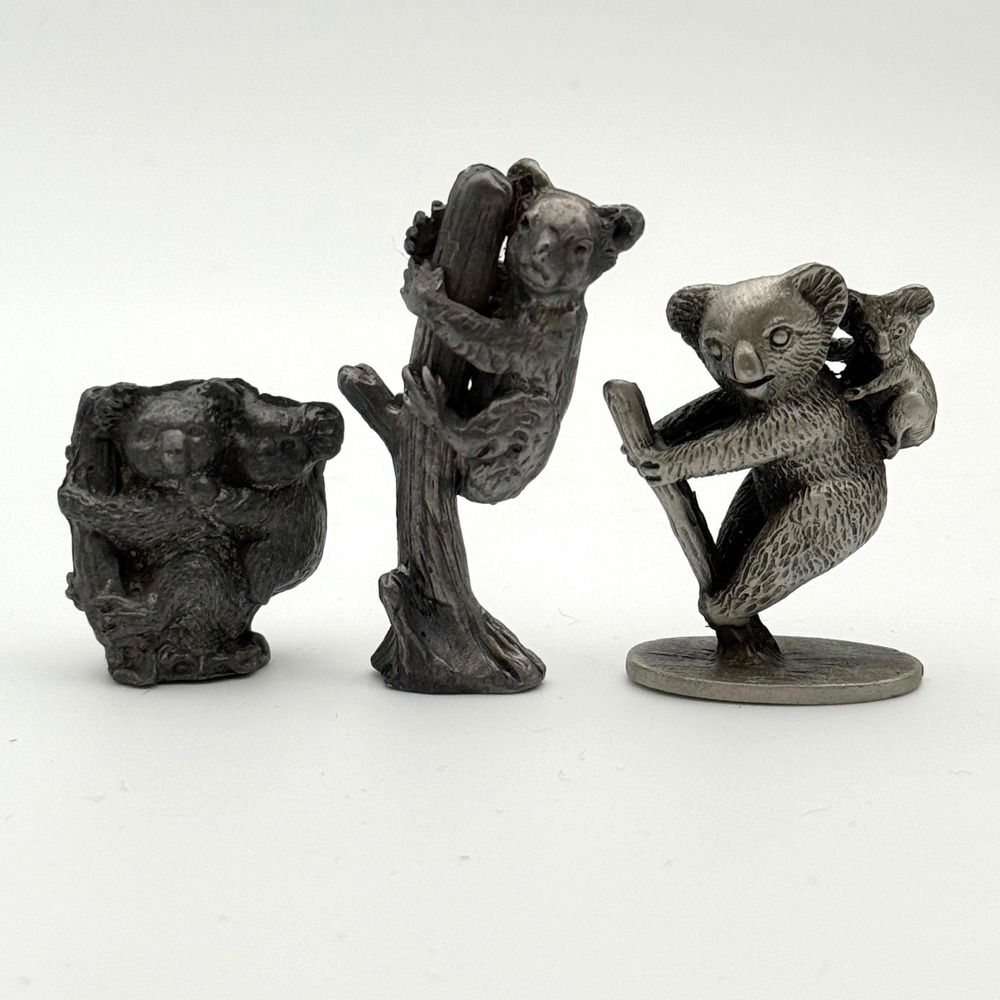 Vintage Pewter Koala Figurine Set Miniature Australian Animal Mother Joey 3pc